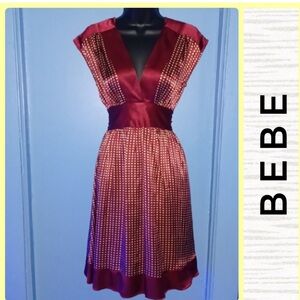 100% Silk Bebe Burgundy Tie-Back Flared Dress      Sz XS